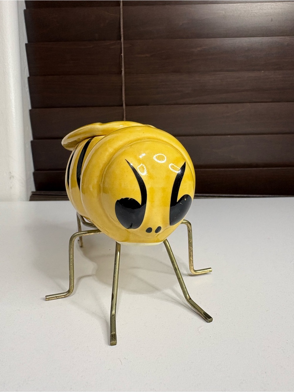 Bee-Shaped Ceramic Candy Jar w/ Lid & Metal Stand, Yellow/Black